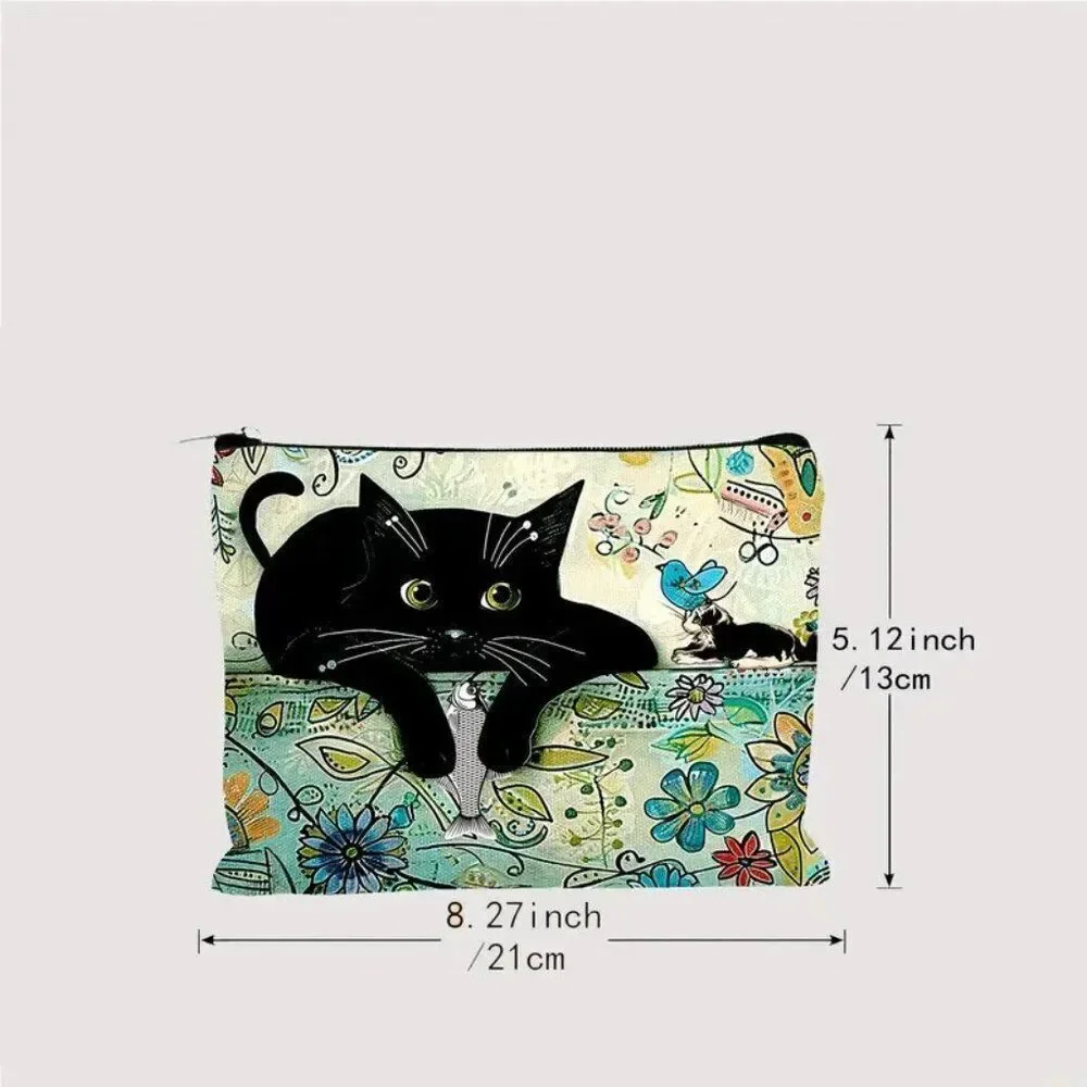 Halloween Gothic Black Cat and Flowers Makeup Bag - Double-Sided Printed